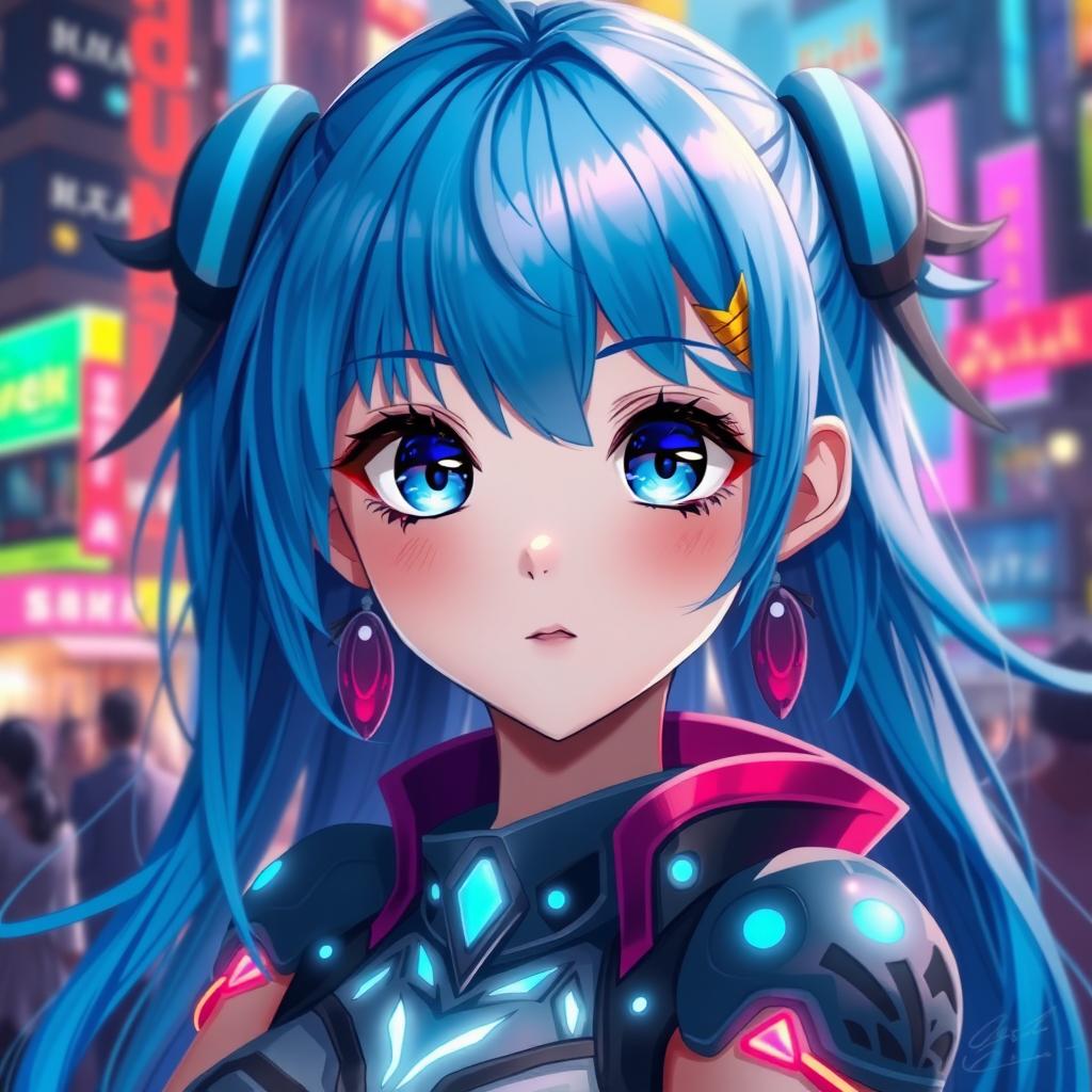 A vibrant and dynamic digital painting of a blue-haired anime girl, showcasing her striking azure hair that flows down her shoulders