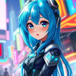 A vibrant and dynamic digital painting of a blue-haired anime girl, showcasing her striking azure hair that flows down her shoulders