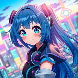 A vibrant and detailed digital artwork of a blue-haired anime girl, featuring large expressive eyes and a playful smile