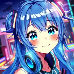 A vibrant and detailed digital artwork of a blue-haired anime girl, featuring large expressive eyes and a playful smile