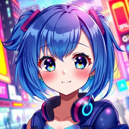 A vibrant and detailed digital artwork of a blue-haired anime girl, featuring large expressive eyes and a playful smile