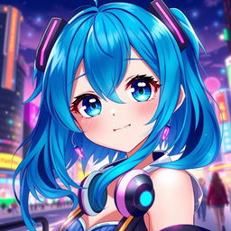 A vibrant and detailed digital artwork of a blue-haired anime girl, featuring large expressive eyes and a playful smile