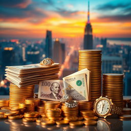 A visually striking image representing the concept of wealth and prosperity, featuring stacks of gold coins, banknotes from various countries, and luxurious items like sparkling diamond rings and elegant watches