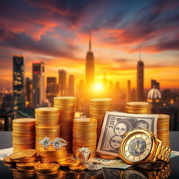 A visually striking image representing the concept of wealth and prosperity, featuring stacks of gold coins, banknotes from various countries, and luxurious items like sparkling diamond rings and elegant watches