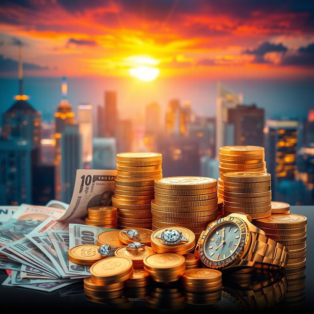 A visually striking image representing the concept of wealth and prosperity, featuring stacks of gold coins, banknotes from various countries, and luxurious items like sparkling diamond rings and elegant watches