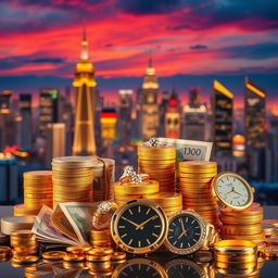 A visually striking image representing the concept of wealth and prosperity, featuring stacks of gold coins, banknotes from various countries, and luxurious items like sparkling diamond rings and elegant watches