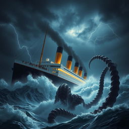 A dramatic scene depicting the Titanic sinking amidst a raging storm