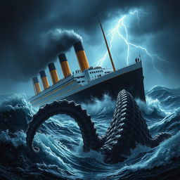 A dramatic scene depicting the Titanic sinking amidst a raging storm