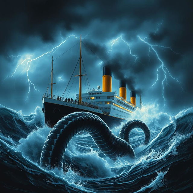 A dramatic scene depicting the Titanic sinking amidst a raging storm