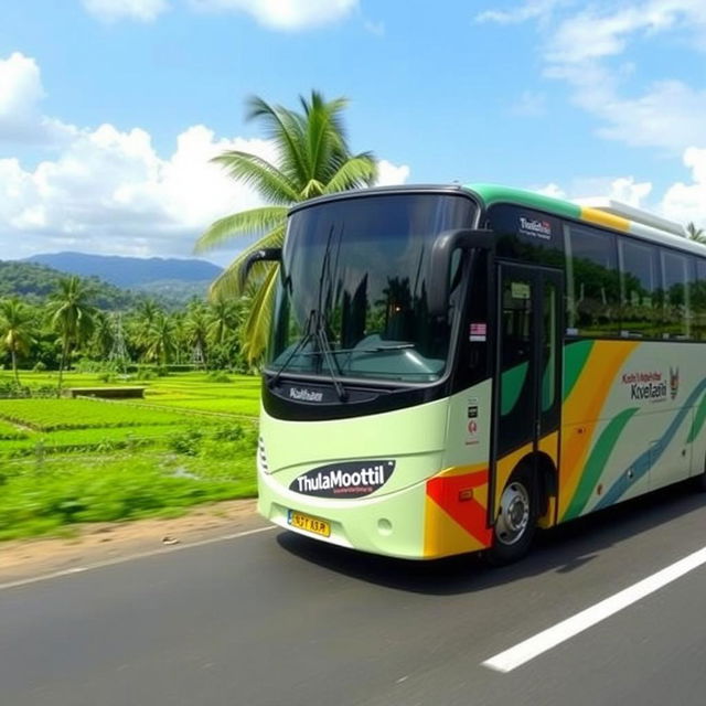 A private bus named 'Thulamoottil' prominently displayed on the side, traveling along a scenic route from Kuzhitholu to Kottayam