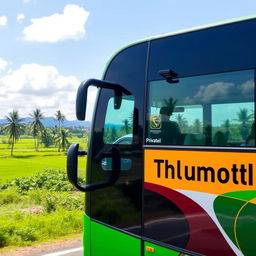 A private bus named 'Thulamoottil' prominently displayed on the side, traveling along a scenic route from Kuzhitholu to Kottayam