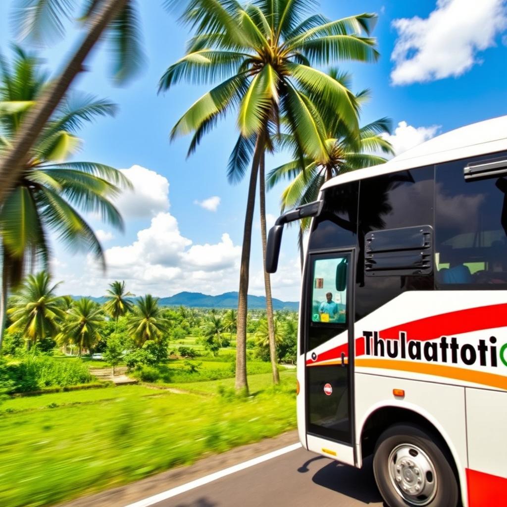 A private bus named 'Thulamoottil' prominently displayed on the side, traveling along a scenic route from Kuzhitholu to Kottayam