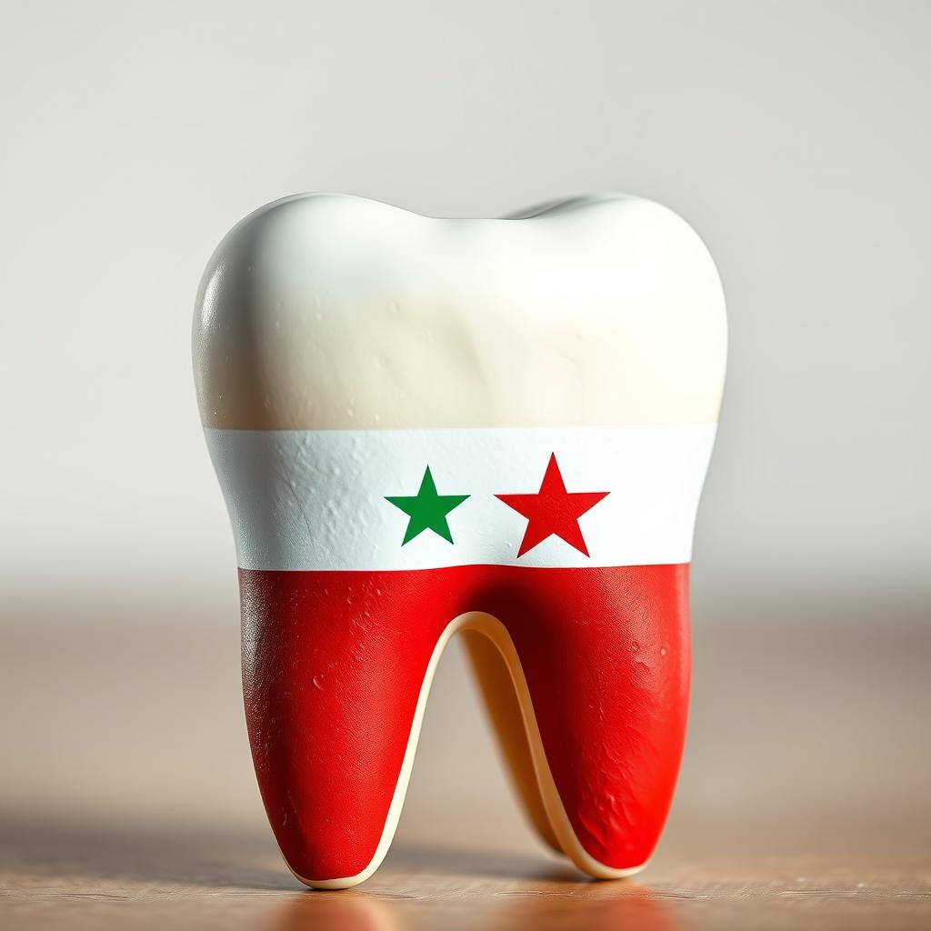 A large human tooth, vividly designed with the new Syrian flag, showcasing its colors and emblem