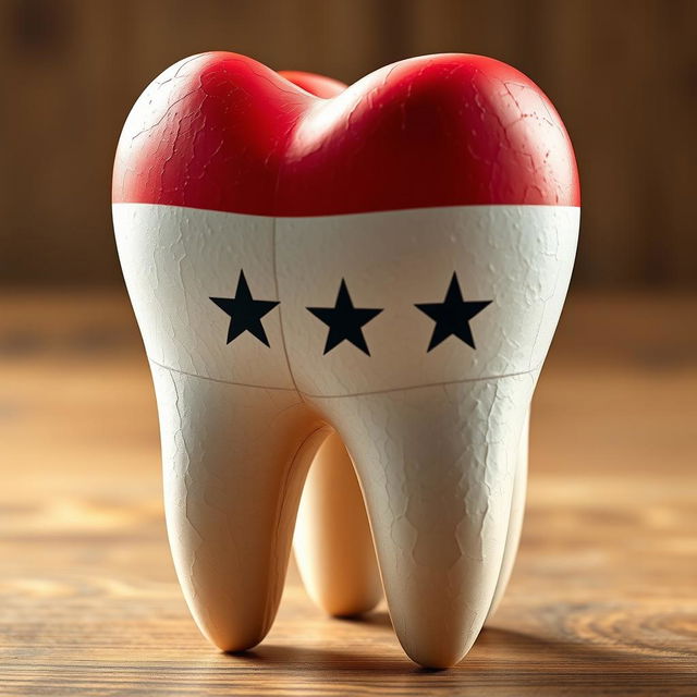 A large human tooth, vividly designed with the new Syrian flag, showcasing its colors and emblem