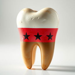 A large human tooth, vividly designed with the new Syrian flag, showcasing its colors and emblem