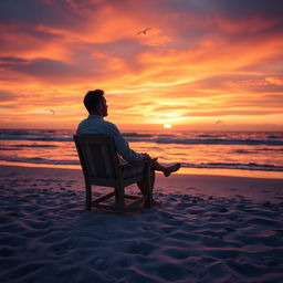 A lonely man sitting on a wooden chair on a serene beach during sunset
