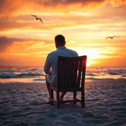 A lonely man sitting on a wooden chair on a serene beach during sunset