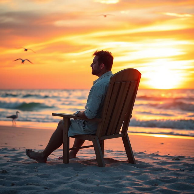 A lonely man sitting on a wooden chair on a serene beach during sunset