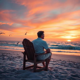 A lonely man sitting on a wooden chair on a serene beach during sunset
