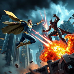 A dynamic scene of a superhero and a supervillain engaged in an intense battle, set in a futuristic cityscape