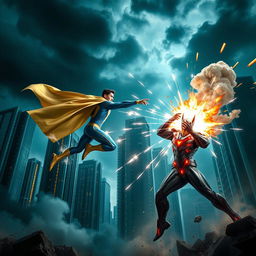 A dynamic scene of a superhero and a supervillain engaged in an intense battle, set in a futuristic cityscape