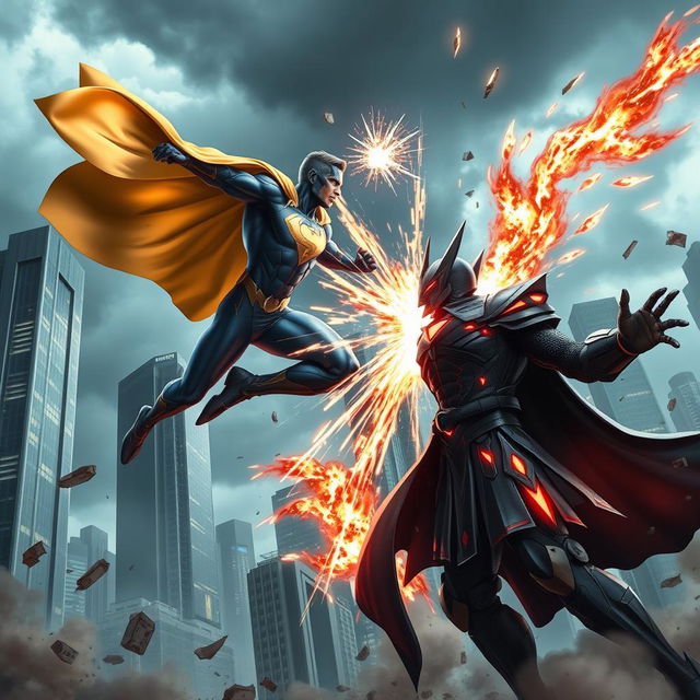 A dynamic scene of a superhero and a supervillain engaged in an intense battle, set in a futuristic cityscape