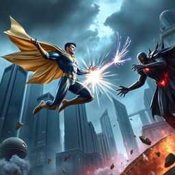 A dynamic scene of a superhero and a supervillain engaged in an intense battle, set in a futuristic cityscape