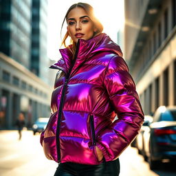 A stylish, shiny down jacket with a glossy finish, showcasing its sleek design and vibrant colors