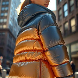 A stylish, shiny down jacket with a glossy finish, showcasing its sleek design and vibrant colors