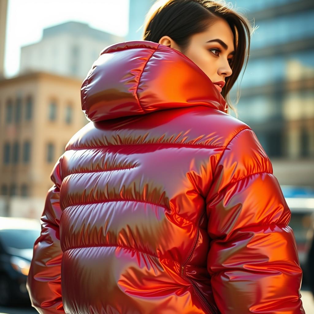 A stylish, shiny down jacket with a glossy finish, showcasing its sleek design and vibrant colors