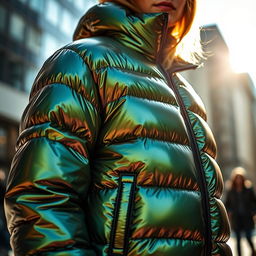 A stylish, shiny down jacket with a glossy finish, showcasing its sleek design and vibrant colors
