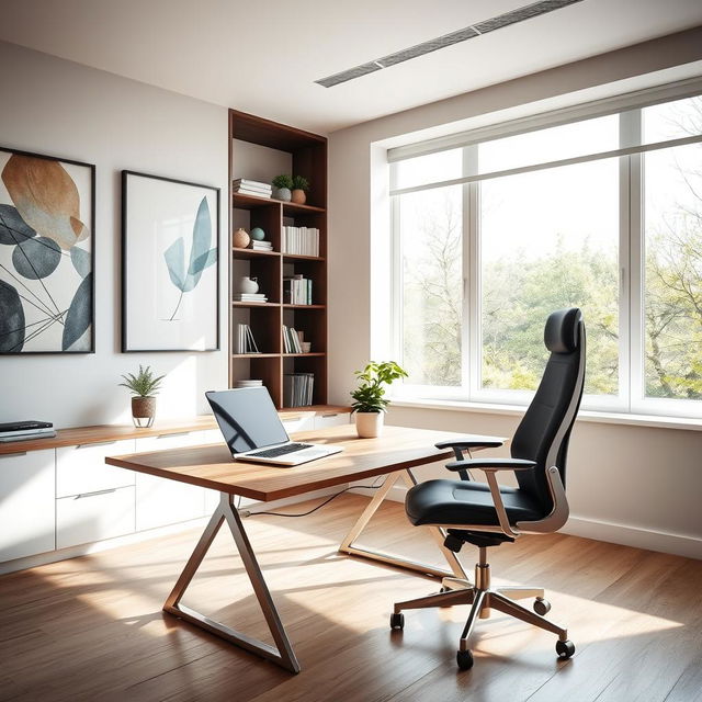 A sleek and modern office environment featuring a stylish wooden desk with a high-end laptop, a comfortable ergonomic chair, and a large window letting in natural light