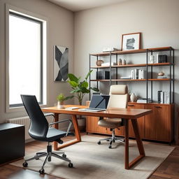 A sleek and modern office environment featuring a stylish wooden desk with a high-end laptop, a comfortable ergonomic chair, and a large window letting in natural light