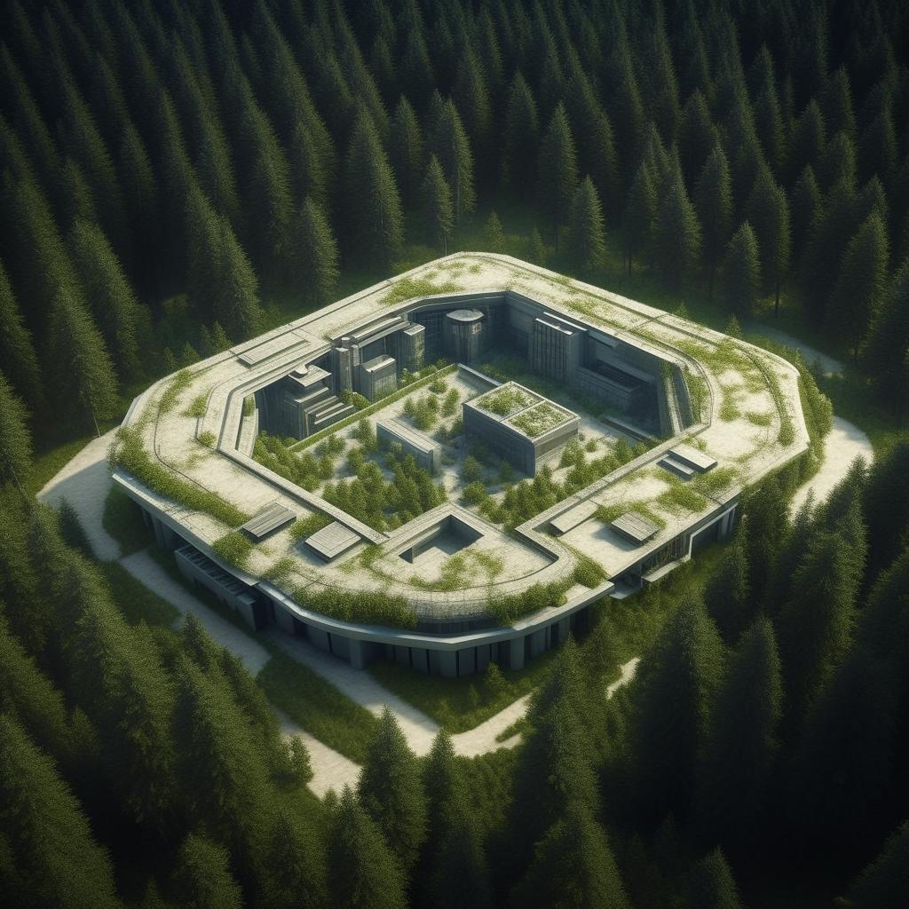 aerial view futuristic maximum-security penitentiary in the middle of forest in broad daylight based on https://files.dreamhome.software/files/static/36926