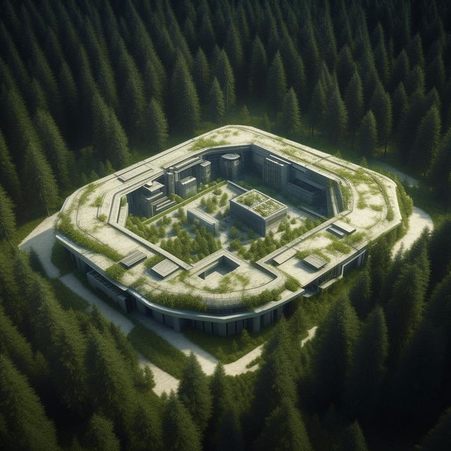 aerial view futuristic maximum-security penitentiary in the middle of forest in broad daylight based on https://files.dreamhome.software/files/static/36926