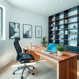 A sleek and modern office environment featuring a stylish wooden desk with a high-end laptop, a comfortable ergonomic chair, and a large window letting in natural light
