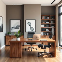 A sleek and modern office environment featuring a stylish wooden desk with a high-end laptop, a comfortable ergonomic chair, and a large window letting in natural light