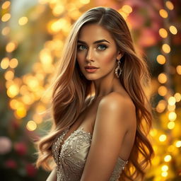 A portrait of a beautiful woman with long flowing hair, wearing an elegant evening gown