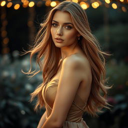A portrait of a beautiful woman with long flowing hair, wearing an elegant evening gown