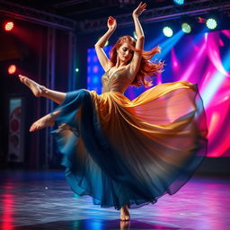 A dynamic scene showcasing a beautiful dancer in mid-performance