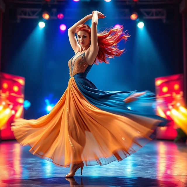 A dynamic scene showcasing a beautiful dancer in mid-performance