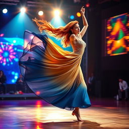 A dynamic scene showcasing a beautiful dancer in mid-performance