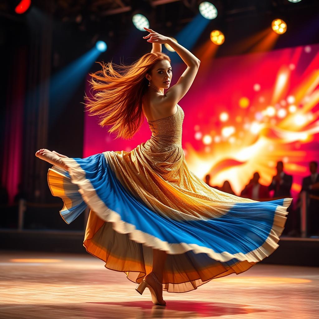 A dynamic scene showcasing a beautiful dancer in mid-performance