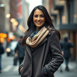 A beautiful 40-year-old woman confidently posing against a stylish urban background