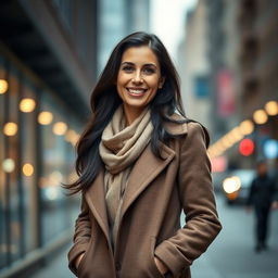 A beautiful 40-year-old woman confidently posing against a stylish urban background