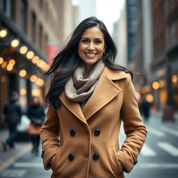 A beautiful 40-year-old woman confidently posing against a stylish urban background