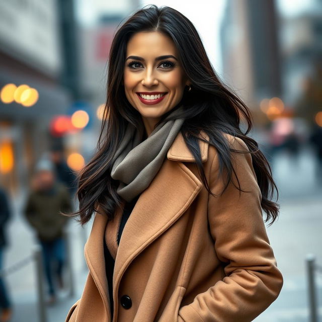 A beautiful 40-year-old woman confidently posing against a stylish urban background