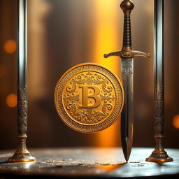 A beautifully detailed golden coin prominently displayed in the center of the image, with intricate designs and engravings