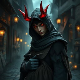 A twenty-year-old human hooded thief with striking red devil horns, wearing a dark, tattered cloak that partially obscures their face