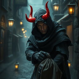A twenty-year-old human hooded thief with striking red devil horns, wearing a dark, tattered cloak that partially obscures their face